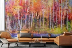 Wallpaper painted river with autumn forest