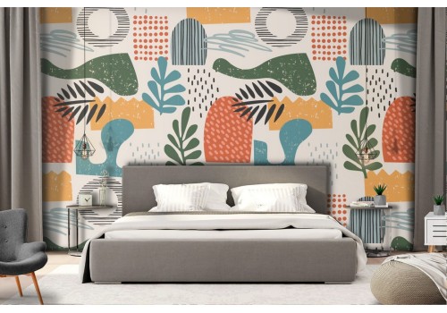 Abstract wallpaper decoration with 70s style leaves.