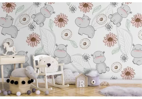 Carta da Parati animali e fiori decorazione bambini.