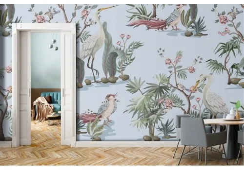 Tropical animals and plants wallpaper pattern.