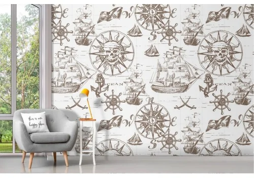 Carta da Parati teschi e navi pirata pattern.