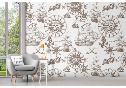 Wallpaper with skulls and pirate ships pattern.