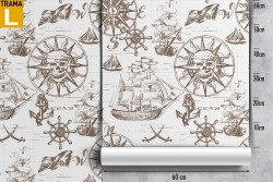 Wallpaper with skulls and pirate ships pattern.