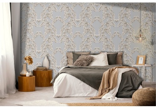 Wallpaper with vintage damask leaf decoration.