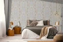 Wallpaper with vintage damask leaf decoration.