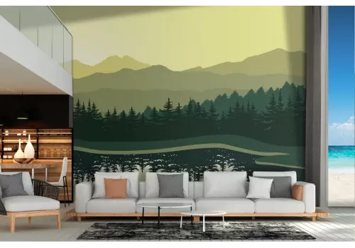 Carta da Parati paesaggio stilizzato foresta con lago