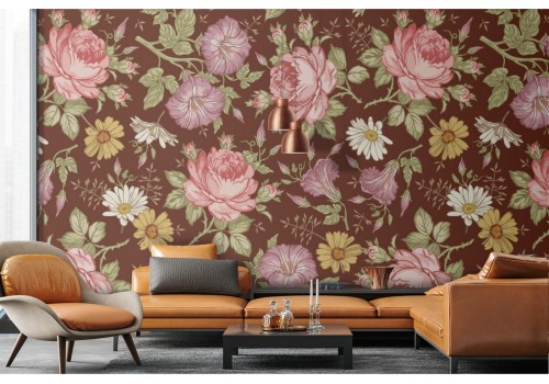 Wallpaper roses and daisies flowers nature pattern.