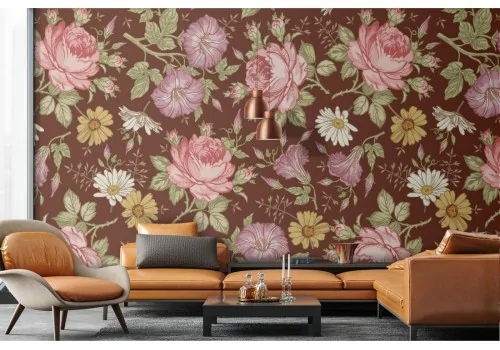 Wallpaper roses and daisies flowers nature pattern.