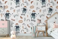 Carta da Parati animali skateboard pattern bambini.
