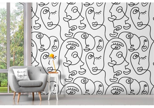 Wallpaper with stylized faces modern design pattern.