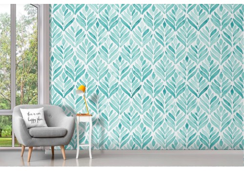 Wallpaper stylized leaves nature pattern aqua green.