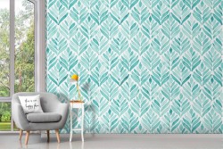 Wallpaper stylized leaves nature pattern aqua green.
