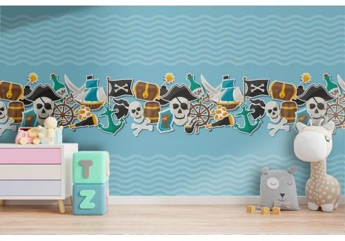Pirate and wave patterned wallpaper for children.