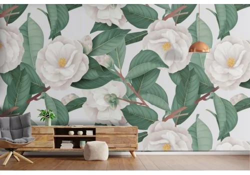 White flowers and nature leaves pattern wallpaper.