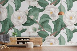 White flowers and nature leaves pattern wallpaper.