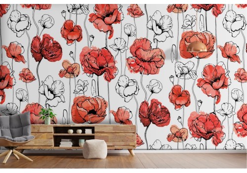 Carta da Parati fiori rossi papaveri pattern natura.