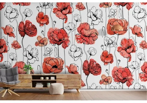 Carta da Parati fiori rossi papaveri pattern natura.