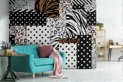 Wallpaper pattern design abstract leaves and polka dots.