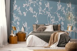 Wallpaper with climbing flowers and leaves pattern in blue nature.