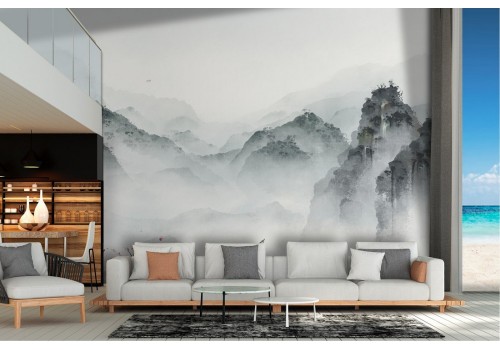 Wallpaper illustration mountains with fog