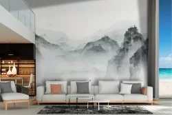 Wallpaper illustration mountains with fog