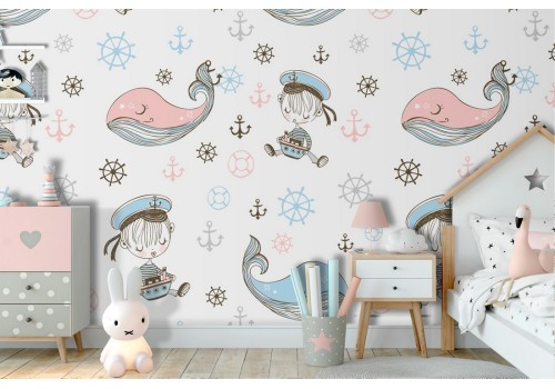 Sailor and whale decoration wallpaper for children.