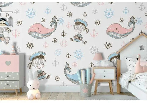 Sailor and whale baby wallpaper decoration.