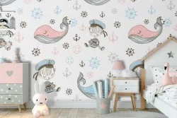 Sailor and whale decoration wallpaper for children.