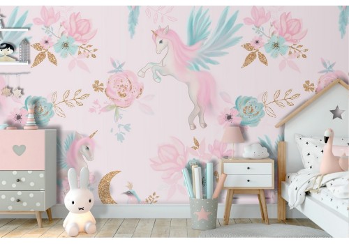 Carta da Parati unicorni e fiori decorazione fantasy bambini.
