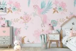 Carta da Parati unicorni e fiori decorazione fantasy bambini.