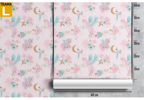 Carta da Parati unicorni e fiori decorazione fantasy bambini. 2