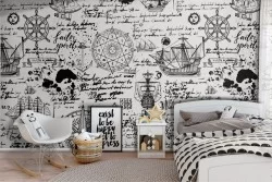 Pirate writings and symbols wallpaper decoration for children.