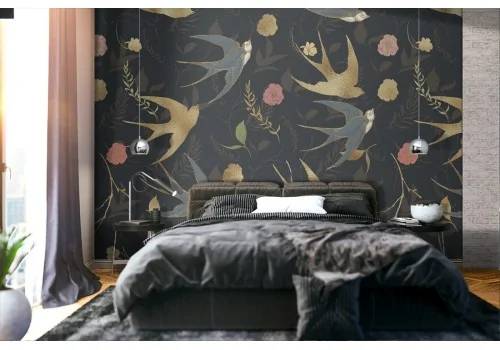 Carta da Parati rondini e fiori natura astratta.