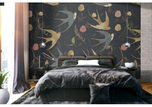 Wallpaper swallows and flowers abstract nature.