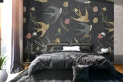 Wallpaper swallows and flowers abstract nature.