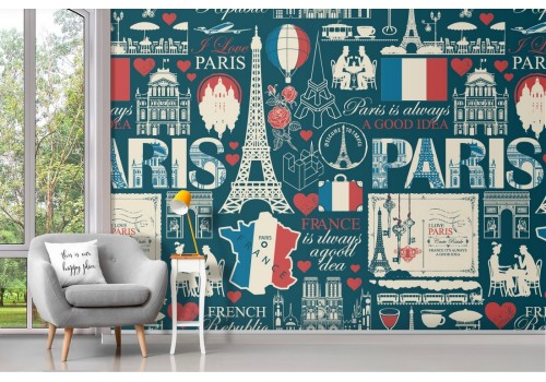 Paris Wallpaper written postcards modern design.