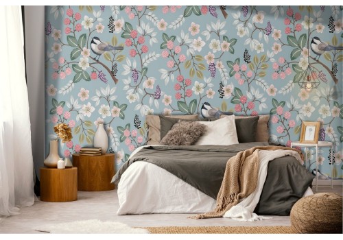 Carta da Parati uccellini e fiori pattern natura.