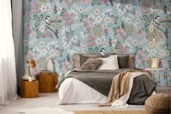 Wallpaper with little birds and flowers nature pattern.