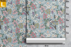 Wallpaper with little birds and flowers nature pattern.