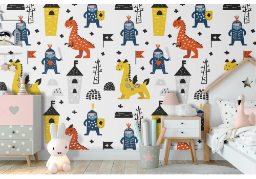Knights and dragons wallpaper fantasy decoration for children.