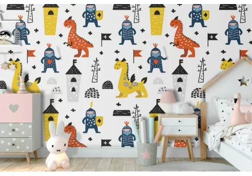 Knights and dragons wallpaper fantasy decoration for children.