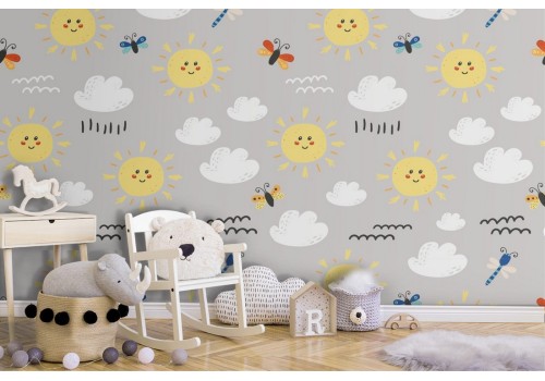 Sun and butterflies wallpaper nature decoration for children.