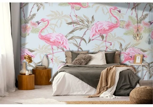Flamingos and tropical palms nature pattern wallpaper.