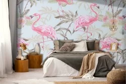 Flamingos and tropical palms nature pattern wallpaper.