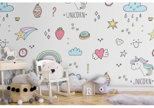 Carta da Parati unicorni e cuori decorazione bambini.