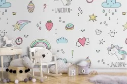 Unicorn and hearts wallpaper decoration for children.