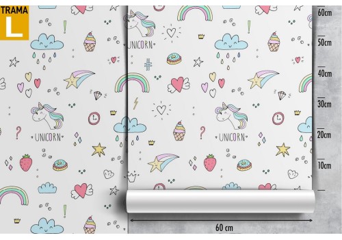 Carta da Parati unicorni e cuori decorazione bambini. 2