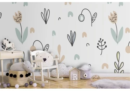 Carta da Parati funghi e foglie stilizzati natura bambini.