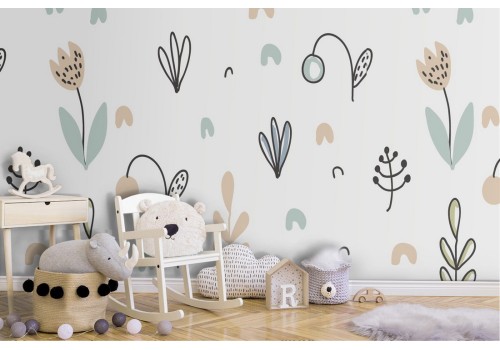 Wallpaper with stylized mushrooms and leaves nature children.
