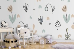 Carta da Parati funghi e foglie stilizzati natura bambini.